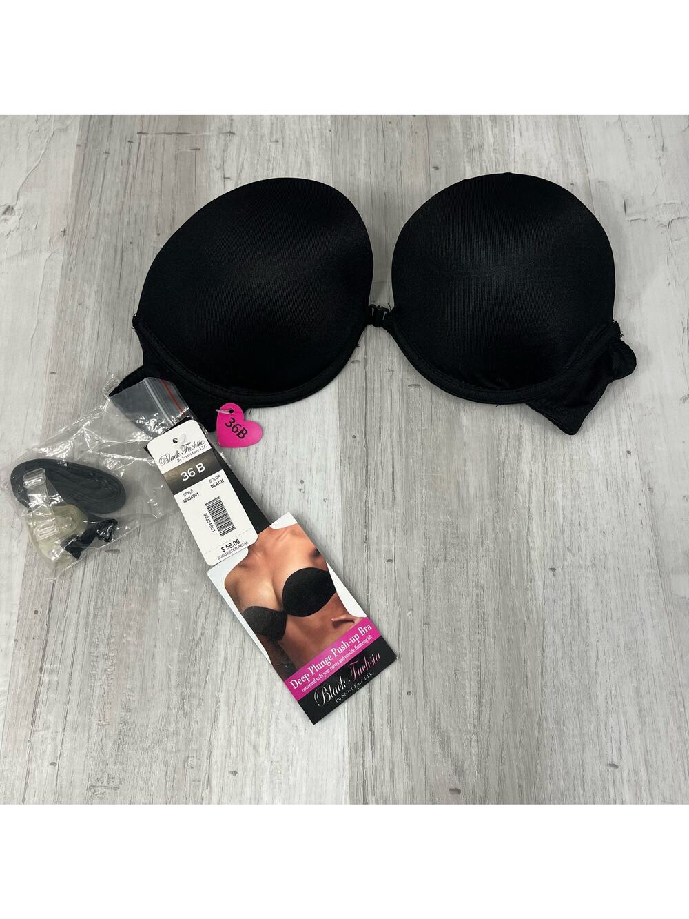 Secret Lace Black Fuchsia Deep Plunge Push Up Convertible Bra 36B